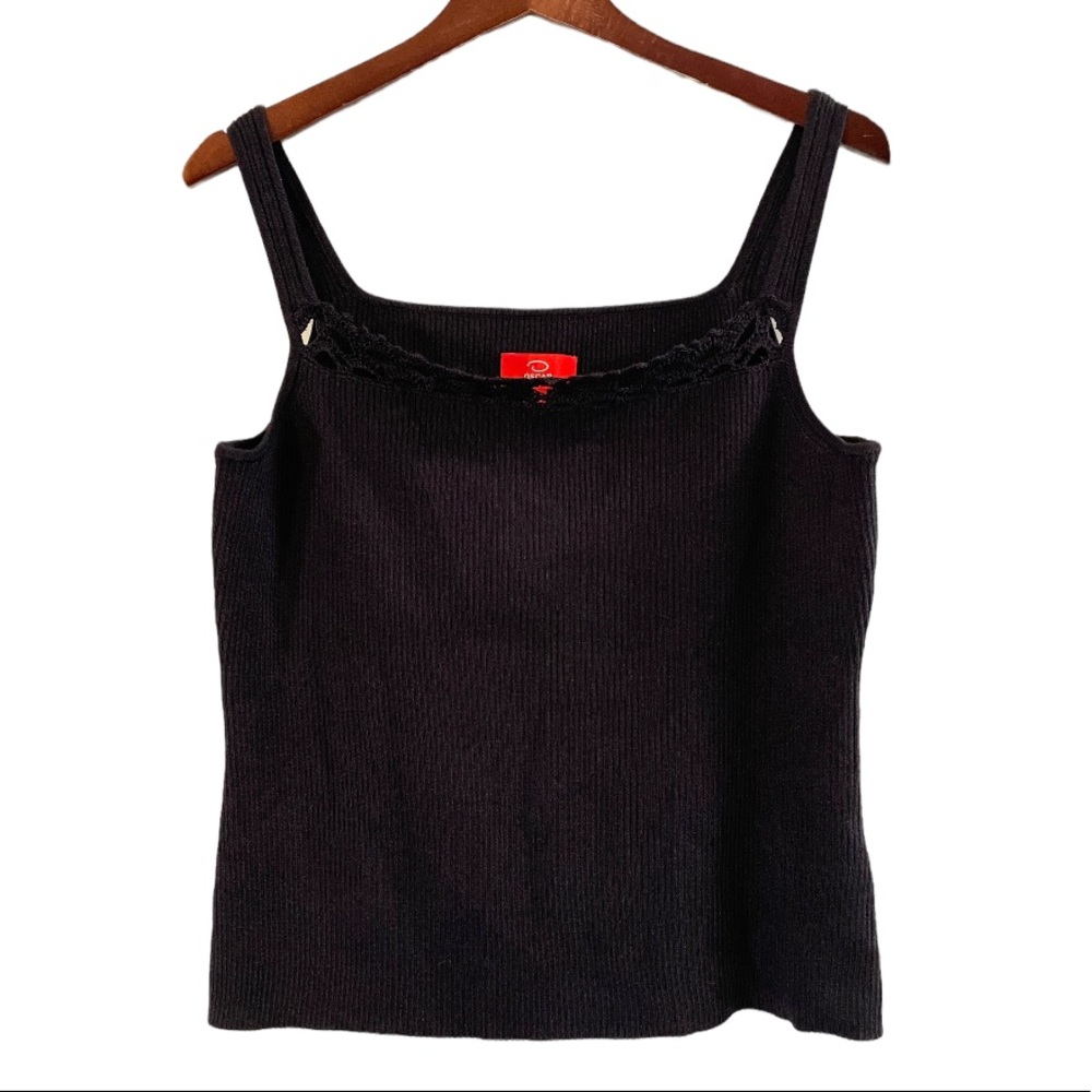 Oscar la Renta Navy Ribbed Tabk Top with Crochet Neckline, Size M